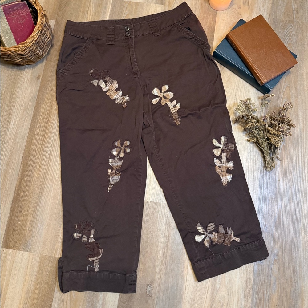 Upcycled Cropped Denim Jeans Floral Patchwork Cottagecore Pants, Size 12